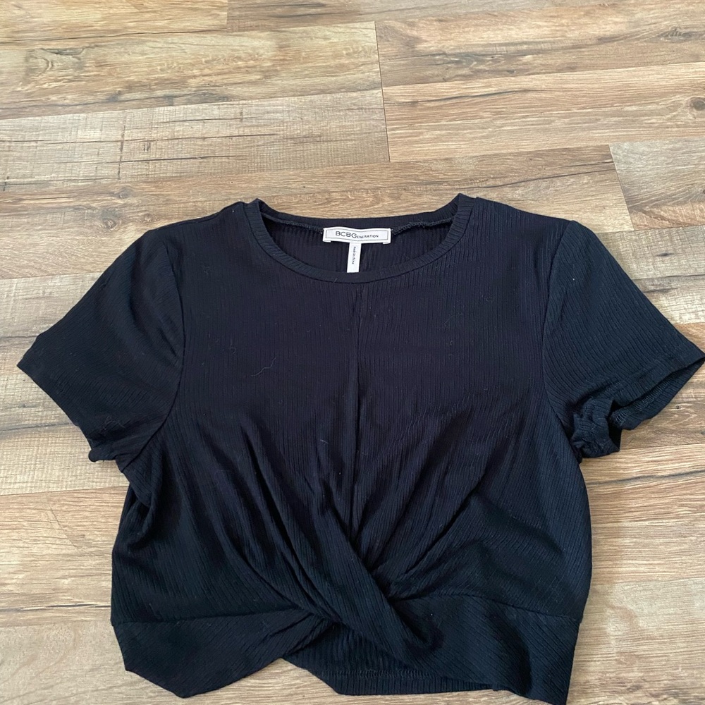 BCBGeneration Black Crop Tie Front Short Sleeve Tee